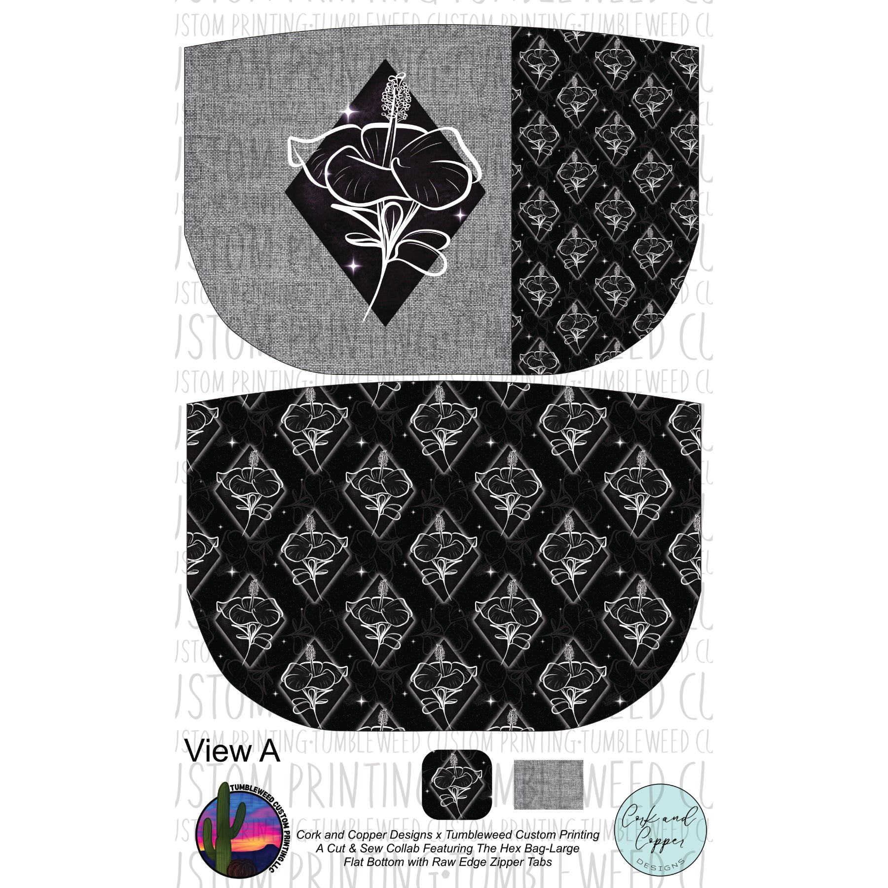 Cork & Copper Designs - The Hex Bag - Geo Floral Black