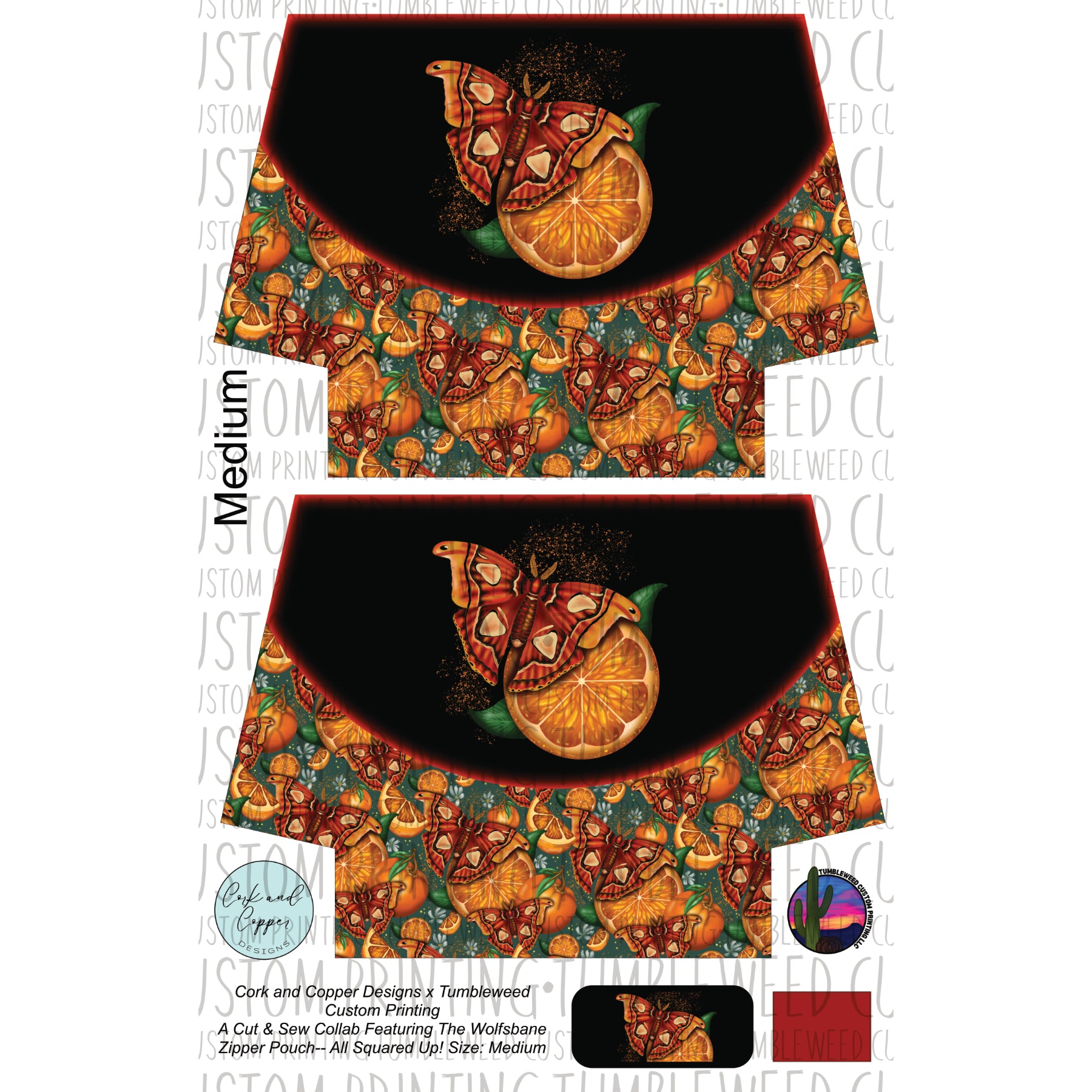 Cork & Copper Designs - The Wolfsbane Zipper Pouch - Fruit Fly Moth Orange Teal